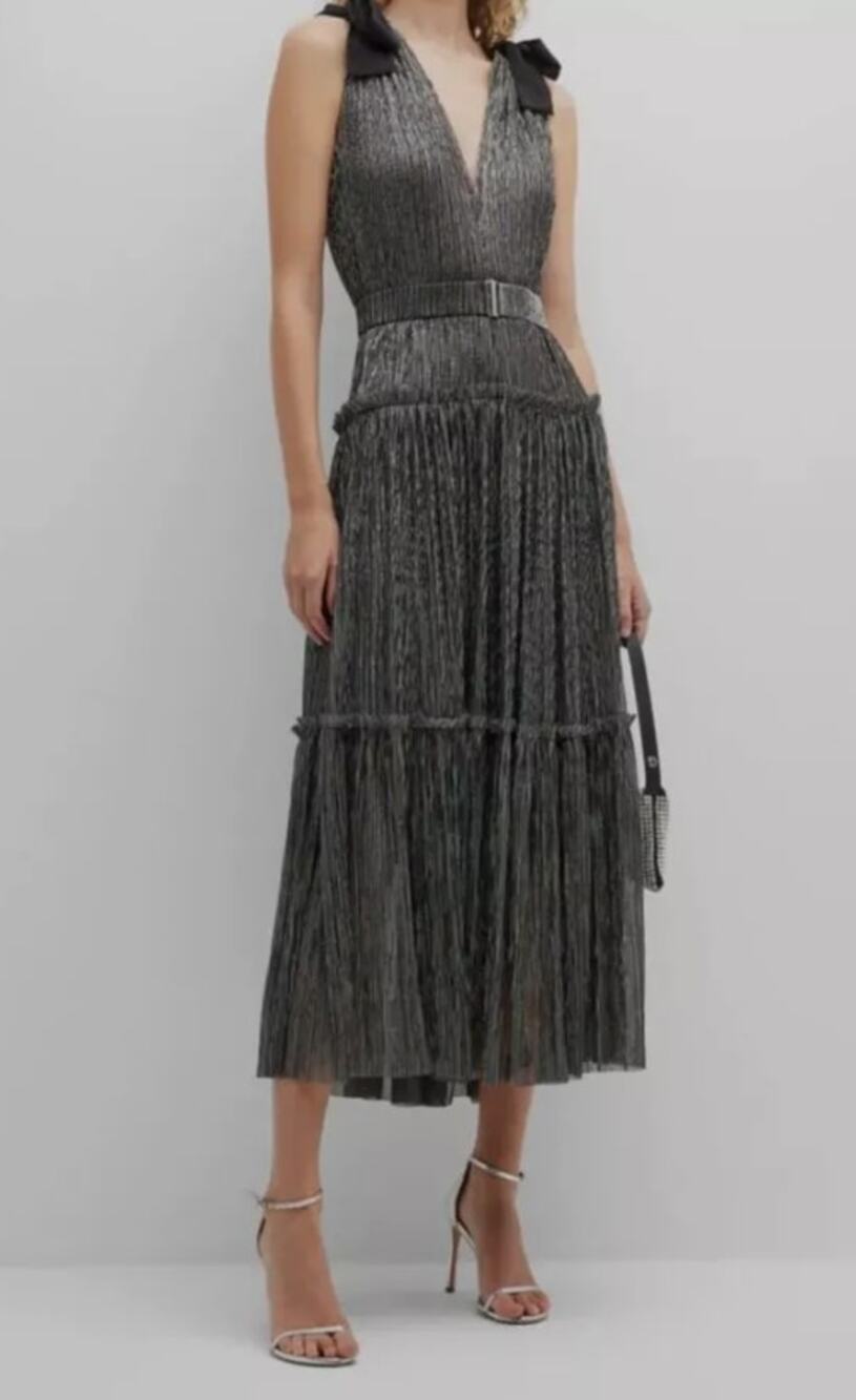 NWT Sabina Musayev Ray Silver Multicolor Tiered Bow Sleeve Maxi Dress XS